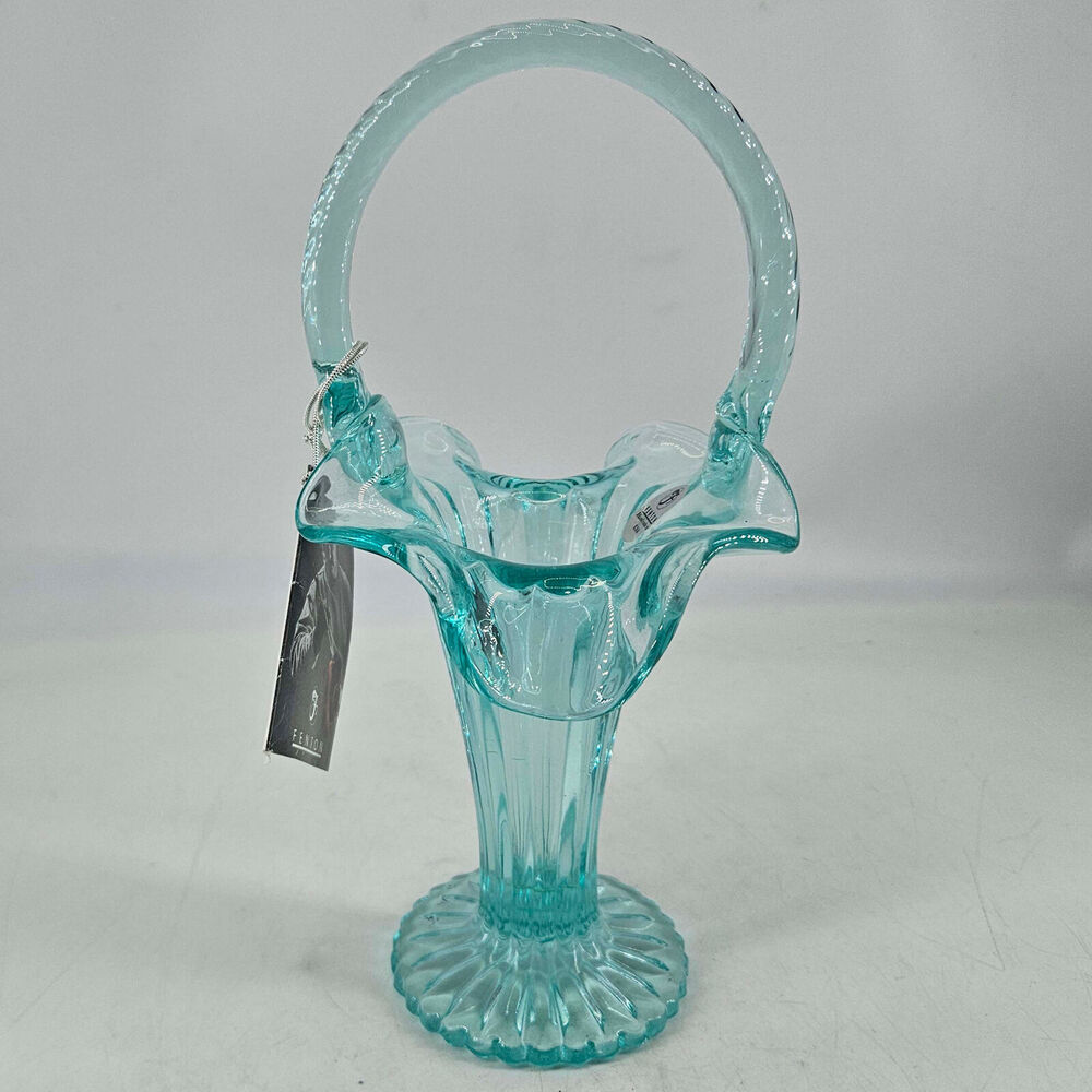 Fenton sea mist Glass Ruffled edge Handled Basket w original hang tag n sticker - Picture 3 of 4